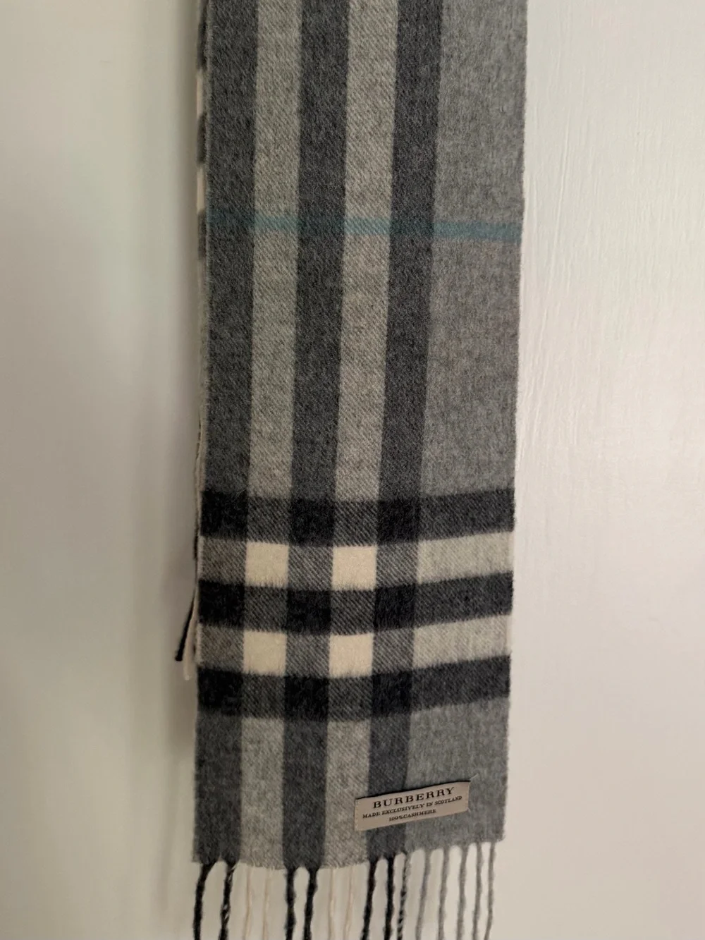 Burberry Gray, Cream and Blue Check Cashmere Scarf